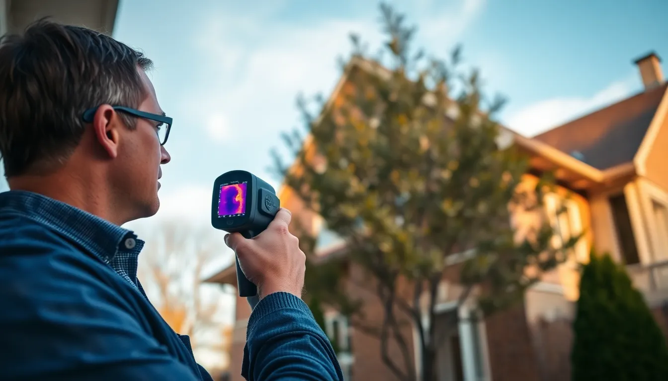 Un auditeur énergétique certifié inspectant un bâtiment résidentiel avec une caméra thermique, mettant en évidence la déperdition de chaleur autour des fenêtres et des portes.