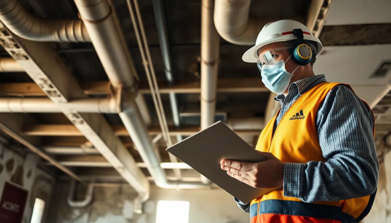 Un opérateur certifié effectuant un diagnostic amiante dans un bâtiment ancien, portant un équipement de protection et consultant une liste de vérification.