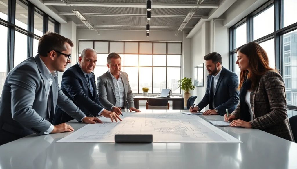 Cinq professionnels, incluant des architectes et des gestionnaires immobiliers, examinant des plans architecturaux liés à la Loi Carrez dans un bureau moderne et lumineux.