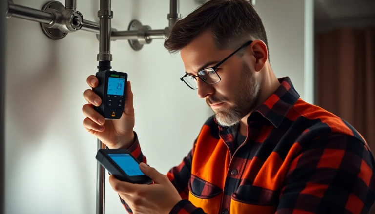 Un expert inspectant une installation de gaz dans un logement, vérifiant l'intégrité des tuyaux fixes et utilisant un appareil de détection de gaz.