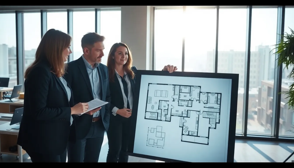 Groupe de cinq professionnels de l'immobilier examinant un plan détaillé dans un bureau moderne, avec un éclairage naturel et une ambiance collaborative.