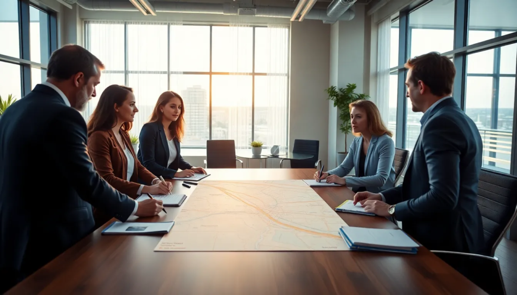 Cinq professionnels de l'immobilier dans un bureau moderne discutant de l'impact du bruit des avions sur les valeurs immobilières autour d'une table, avec une carte et des rapports.