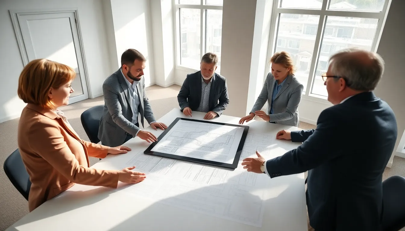 Un groupe de cinq professionnels dans un bureau lumineux discutant d’un plan pluriannuel de travaux autour d'une table avec des plans de construction et une tablette montre.