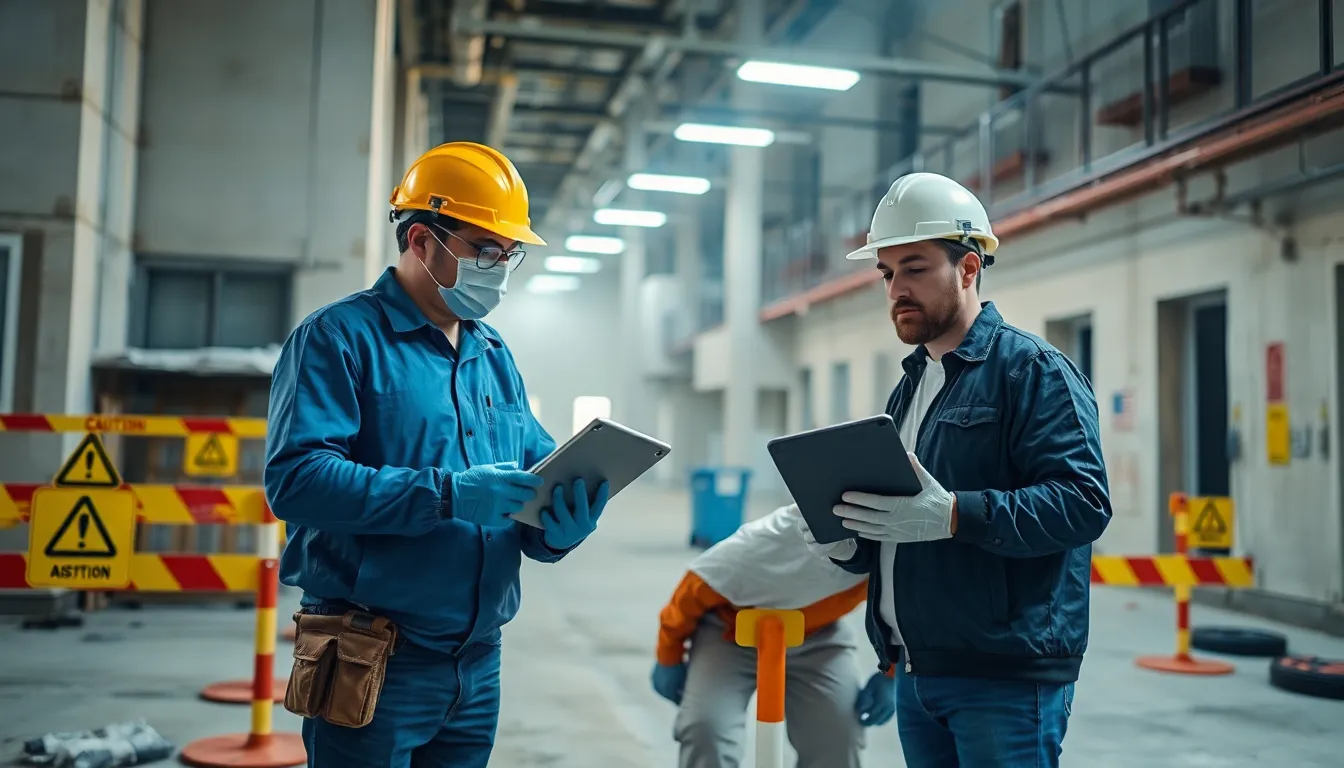 Deux professionnels en tenue de sécurité inspectant un bâtiment résidentiel pour détecter la présence d'amiante, avec des outils modernes et un environnement de chantier bien éclairé.