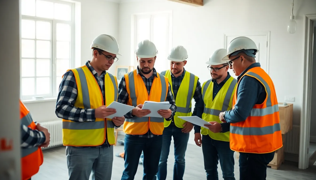 Cinq professionnels en tenue de sécurité réalisant une inspection d'un bâtiment résidentiel, certains prennent des notes sur une tablette, dans un environnement bien éclairé.