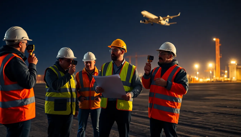 Une équipe de cinq professionnels sur un chantier près d'un aéroport, inspectant des plans de construction et mesurant les niveaux de bruit, avec un avion décollant en arrière-plan.