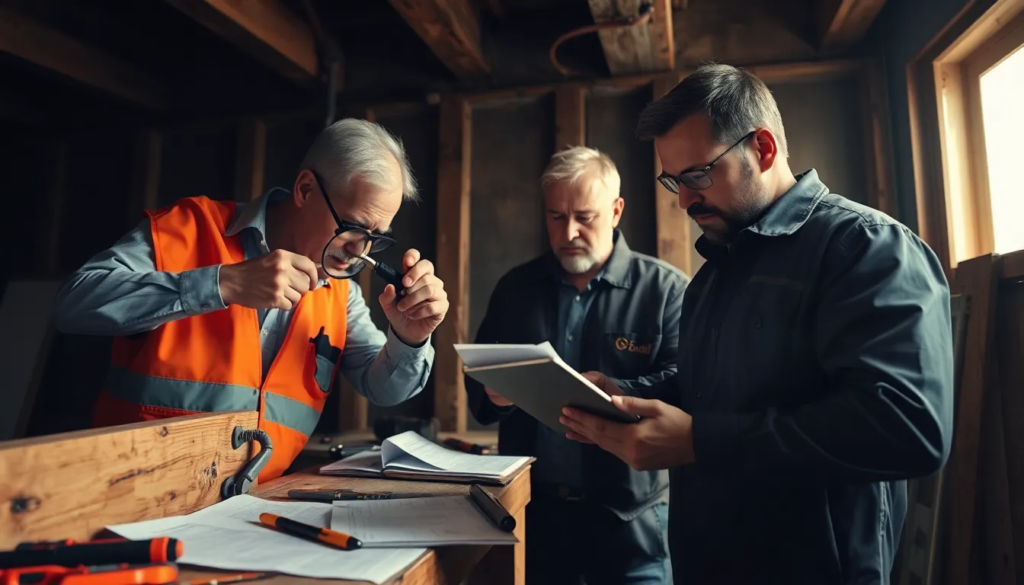 Équipe de professionnels inspectant une structure en bois pour des dommages causés par des termites, avec un expert utilisant une loupe et un autre prenant des notes sur une tablette.