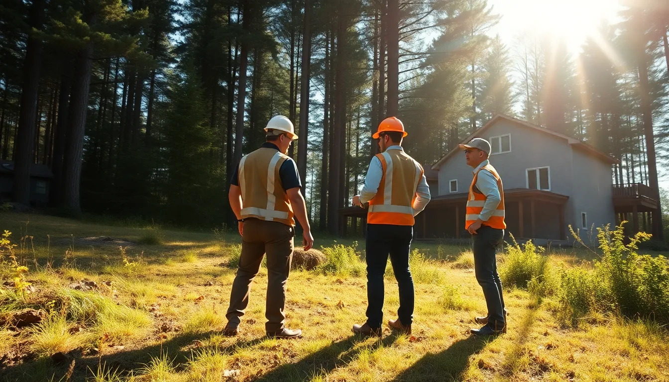 Quatre professionnels en tenue de chantier effectuant une inspection d'une propriété résidentielle à proximité d'une forêt, discutant des mesures de débroussaillement pour la prévention des incendies.