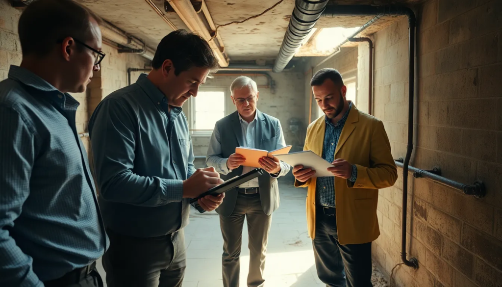 Inspection de conduites en plomb par une équipe de trois professionnels dans un sous-sol d'une vieille maison, avec des outils de diagnostic et des dossiers en main.