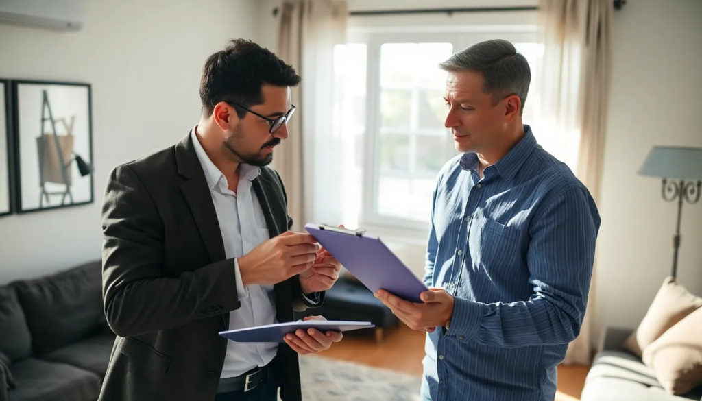 Un gestionnaire immobilier et un locataire effectuant une inspection de sortie dans un appartement lumineux, mettant en avant le processus d'état des lieux de sortie.