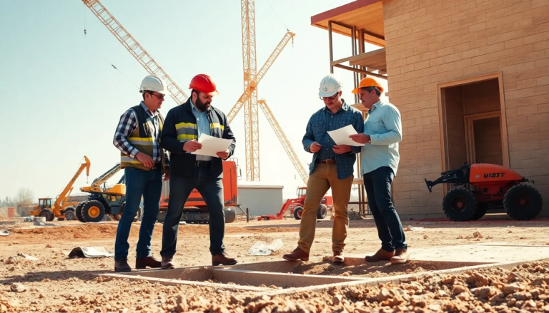 Quatre professionnels sur un chantier inspectant une barrière de prévention des termites sous la fondation d'un bâtiment, discutant et prenant des notes.