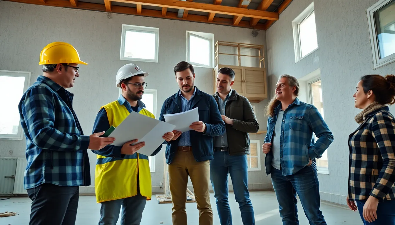 Une équipe de cinq professionnels inspectant un grand bâtiment résidentiel pour un diagnostic de performance énergétique, utilisant des outils techniques et examinant des documents.