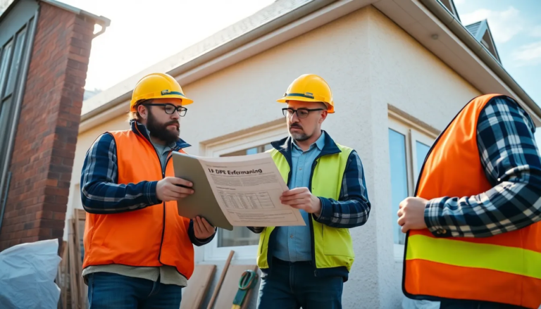 Trois professionnels inspectant un bâtiment résidentiel pour évaluer sa performance énergétique, avec un rapport DPE sur une tablette et des outils de mesure autour d'eux.