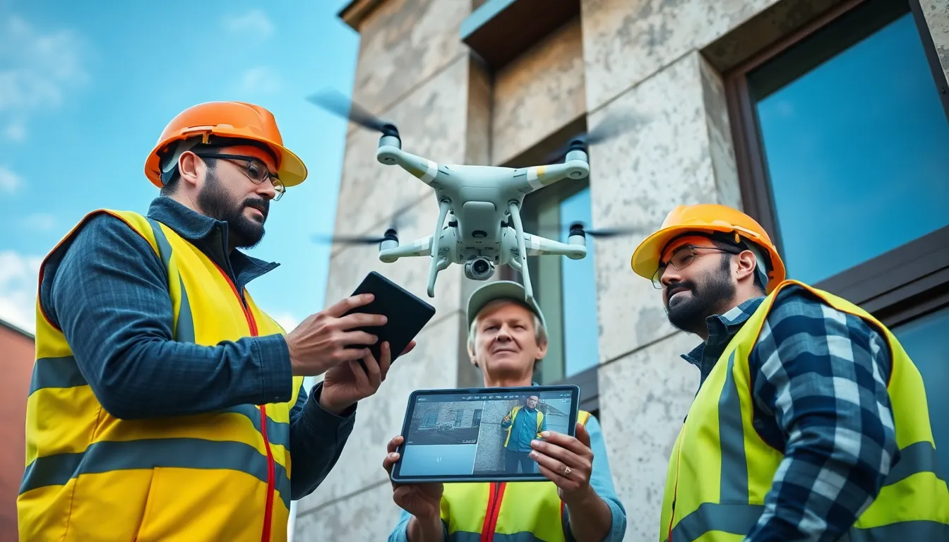Trois professionnels en tenue de sécurité inspectent une façade de bâtiment avec un drone, observant des images en direct sur une tablette pour détecter d'éventuelles zones d'amiante.