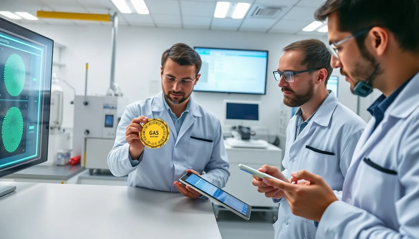 Laboratoire moderne avec des chercheurs analysant des capteurs de gaz basés sur la nanotechnologie, mettant en avant des mesures de sécurité avancées.