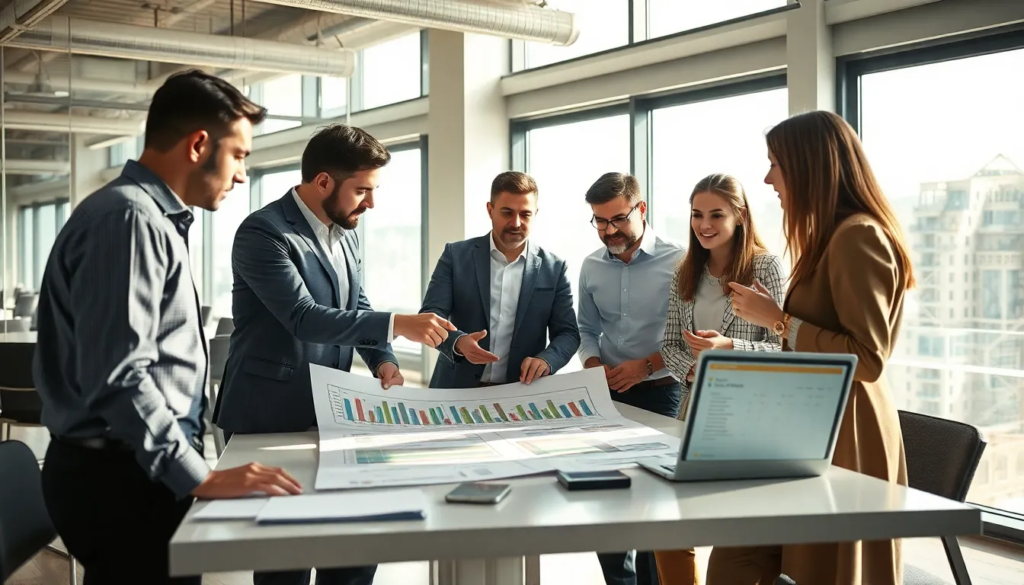 Cinq professionnels réunis dans un bureau moderne pour discuter d'un plan pluriannuel de travaux en copropriété, avec un document et un ordinateur portable affichant des estimations budgétaires.