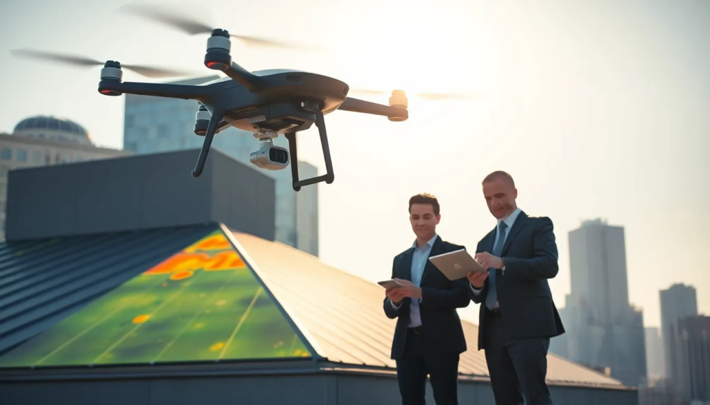 Un drone équipé d'une caméra thermique inspectant le toit d'un bâtiment pour détecter les pertes d'énergie, avec deux professionnels observant les données sur un appareil portable.