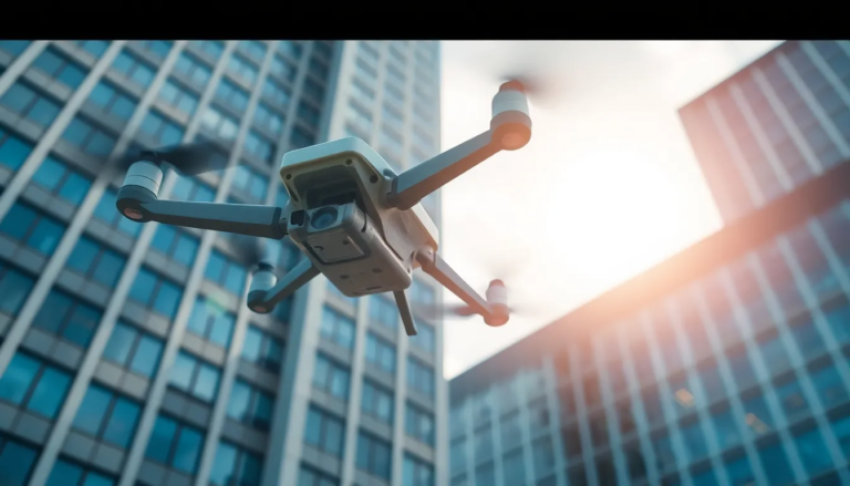 Un drone survolant un bâtiment moderne, capturant des images pour l'inspection d'amiante, illustrant les technologies avancées dans les diagnostics immobiliers.