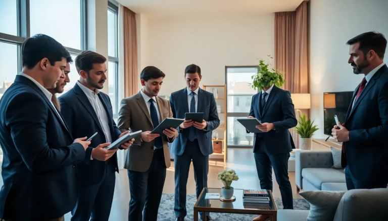 Cinq professionnels effectuant un état des lieux numérique dans un immeuble résidentiel moderne, enregistrant des détails sur des tablettes.