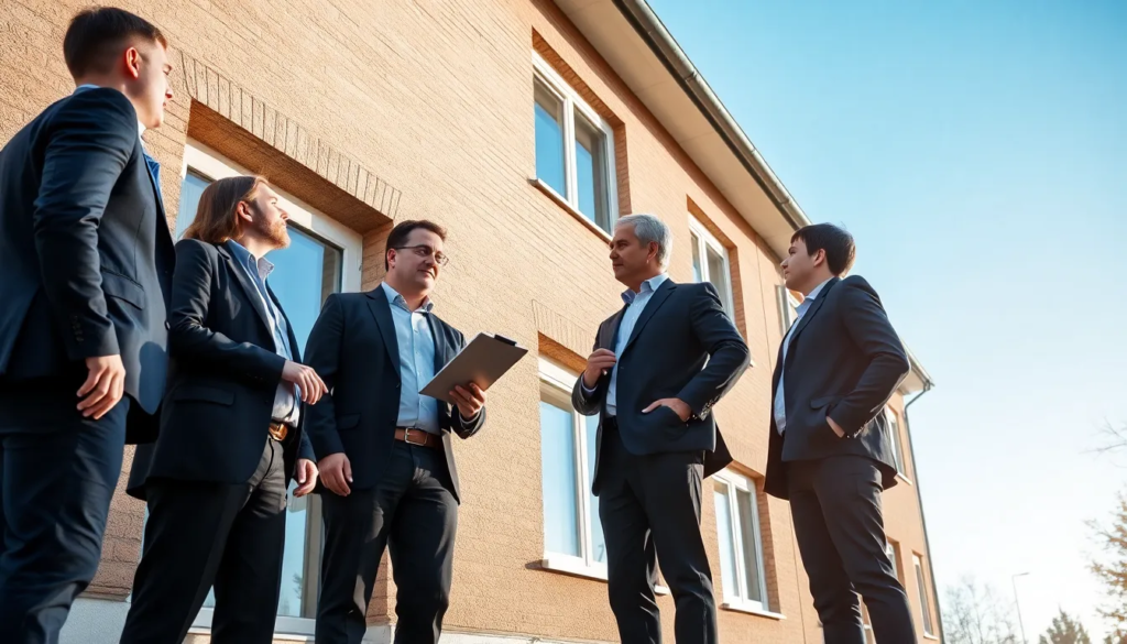 Une équipe de cinq professionnels inspectant un bâtiment résidentiel pour la conformité du diagnostic de performance énergétique (DPE) sous un ciel bleu.