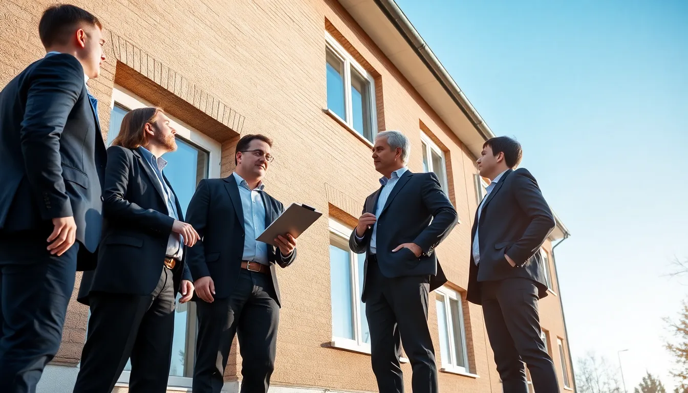 Une équipe de cinq professionnels inspectant un bâtiment résidentiel pour la conformité du diagnostic de performance énergétique (DPE) sous un ciel bleu.