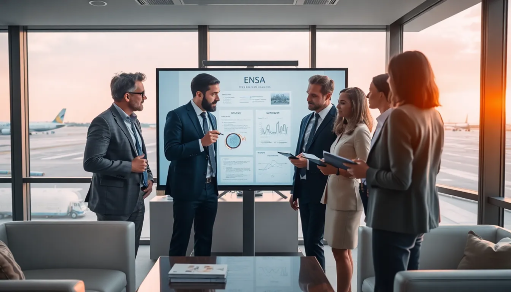 Cinq professionnels dans un bureau moderne examinant un rapport de l'État des Nuisances Sonores et Aériennes (ENSA) sur un grand écran, discutant de solutions d'insonorisation.