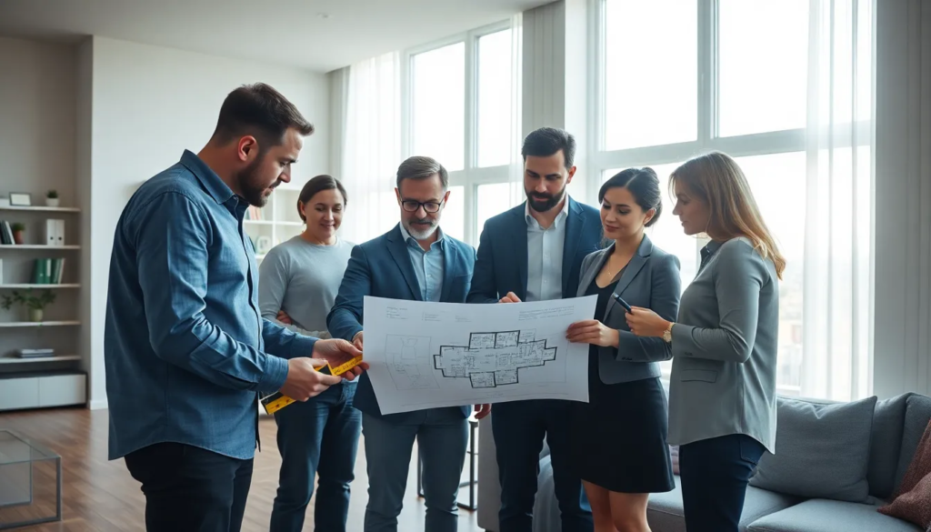 Une équipe de cinq professionnels examine un bien immobilier en discutant des mesures selon la loi Carrez, dans une pièce lumineuse avec des fenêtres modernes.