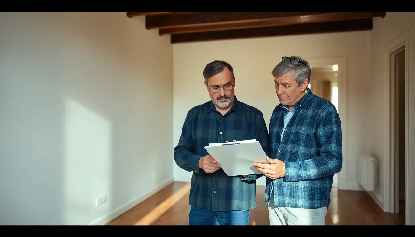 Un propriétaire et un locataire inspectant un appartement lors de l'état des lieux de sortie, en vérifiant l'état des murs et des sols.