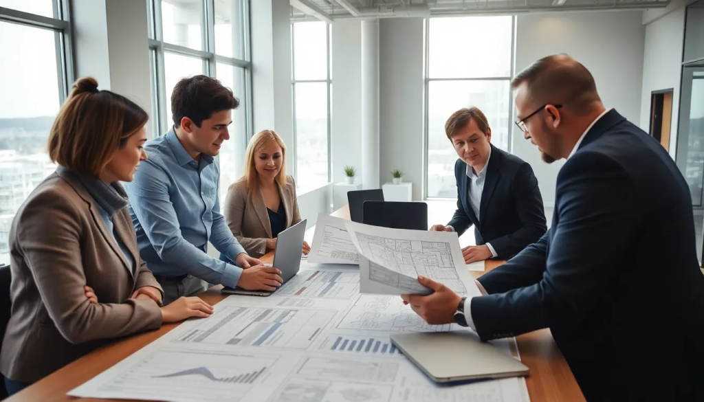 Cinq professionnels examinant un plan de maintenance de bâtiment dans un bureau moderne, entourés de documents techniques et de graphiques de performance énergétique.