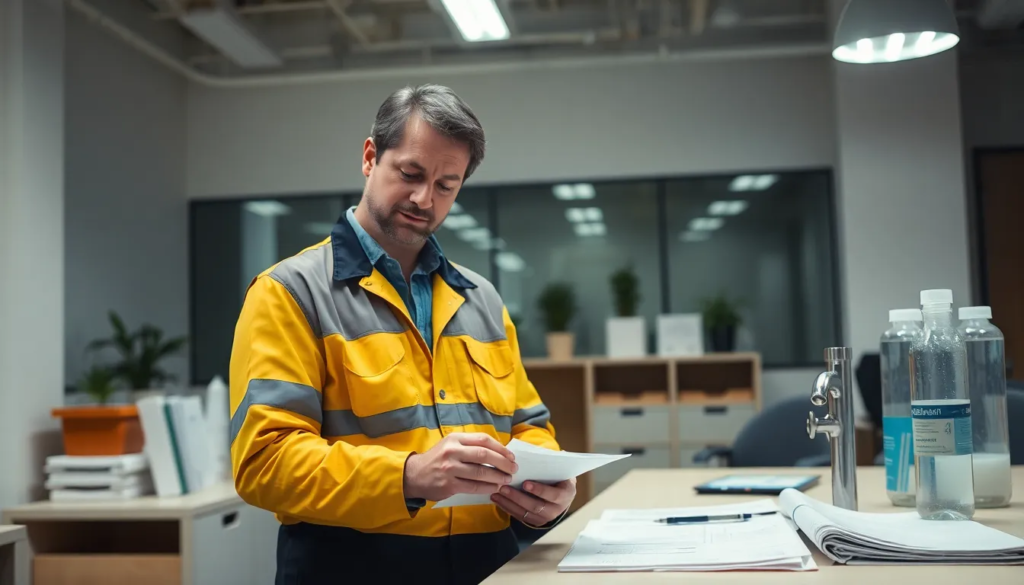 Un inspecteur certifié effectuant un test d'échantillonnage d'eau pour la détection de plomb dans un bureau moderne, avec des kits d'analyse d'eau et des documents techniques.