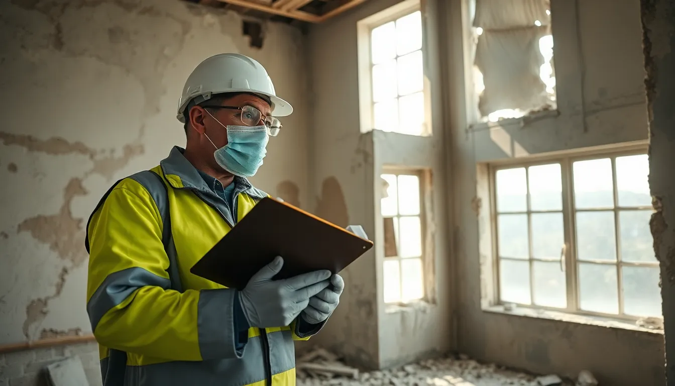 Inspecteur professionnel dans une pièce en cours de démolition vérifiant la présence d'amiante, portant des vêtements de sécurité et entouré d'équipements de protection.