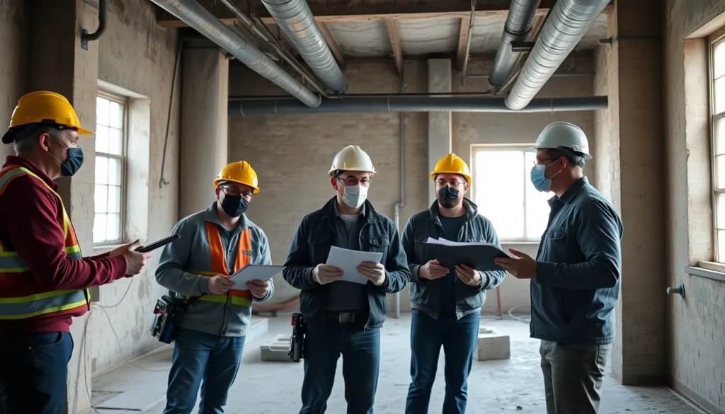 Un groupe de cinq professionnels en équipement de sécurité inspectant un ancien bâtiment pour détecter la contamination au plomb, utilisant des appareils de mesure et prenant des notes.