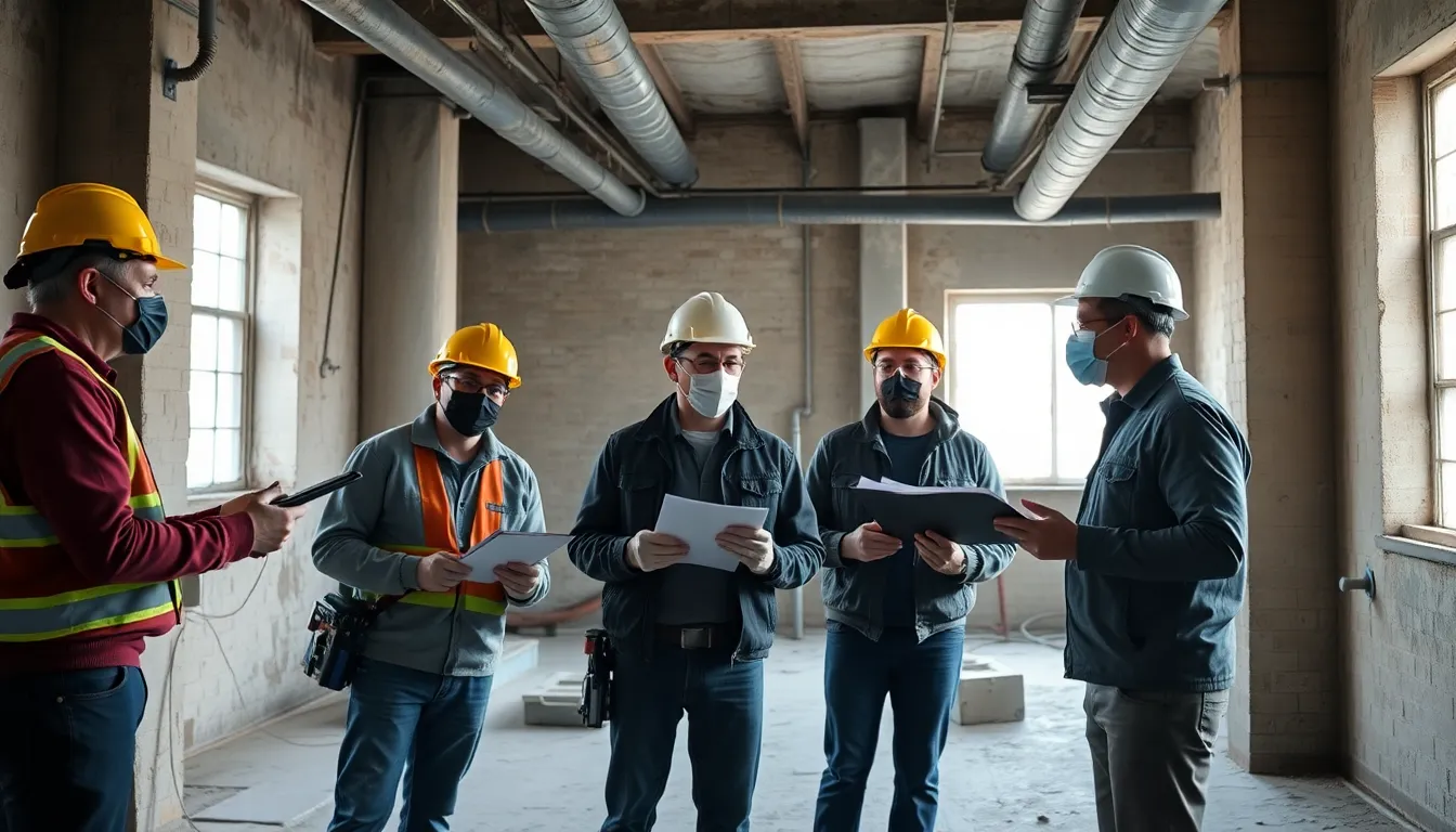 Un groupe de cinq professionnels en équipement de sécurité inspectant un ancien bâtiment pour détecter la contamination au plomb, utilisant des appareils de mesure et prenant des notes.