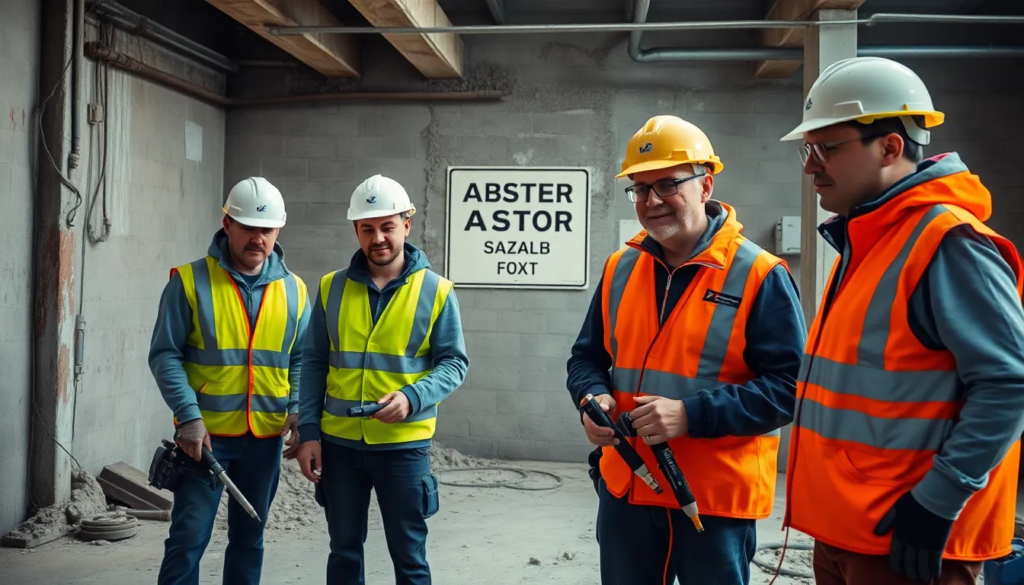 Quatre professionnels en tenue de sécurité inspectant un chantier de retrait d'amiante, avec un panneau de danger amiante en arrière-plan.