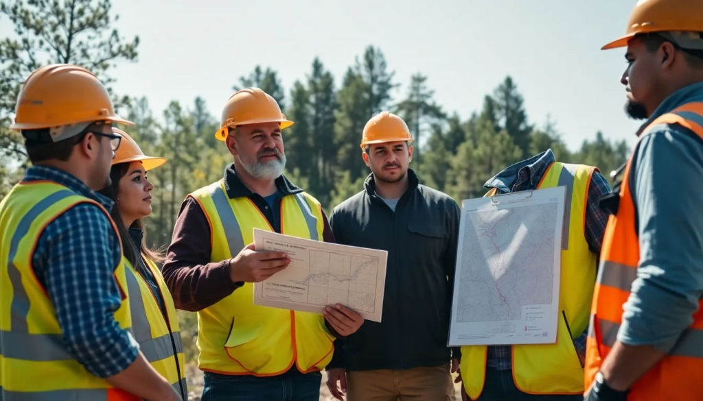 Quatre professionnels en tenue de sécurité inspectant un site immobilier près d'une forêt pour respecter l'obligation de débroussaillement, avec un plan montrant les zones de dégagement.