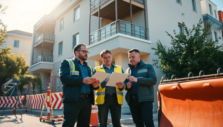 Équipe de professionnels inspectant un immeuble résidentiel pour un diagnostic technique global (DTG) avec des notes et des équipements de construction.