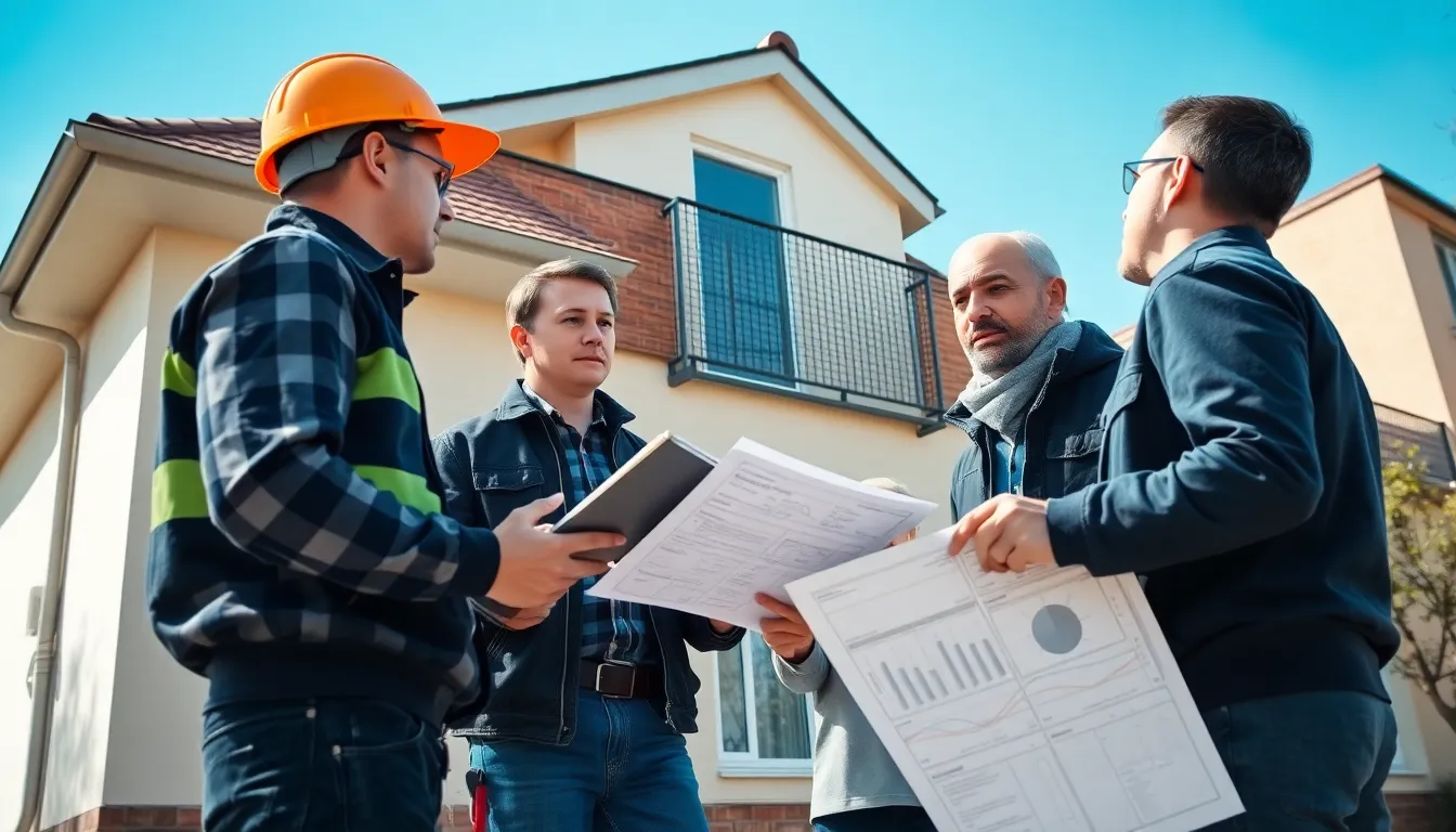 Un diagnosticien immobilier certifié inspectant l'extérieur d'un immeuble résidentiel, en discussion avec deux autres professionnels sur des plans de rénovation énergétique.