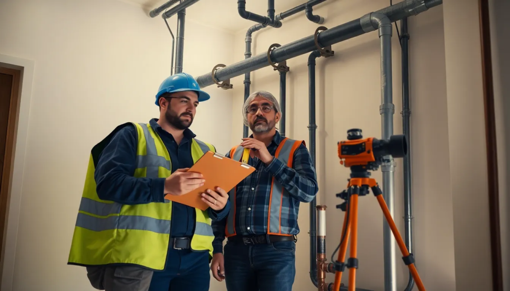 Trois professionnels en train de réaliser une inspection visuelle des canalisations de gaz dans un immeuble résidentiel, vérifiant l'état des tuyaux pour des éléments de corrosion et des fuites.