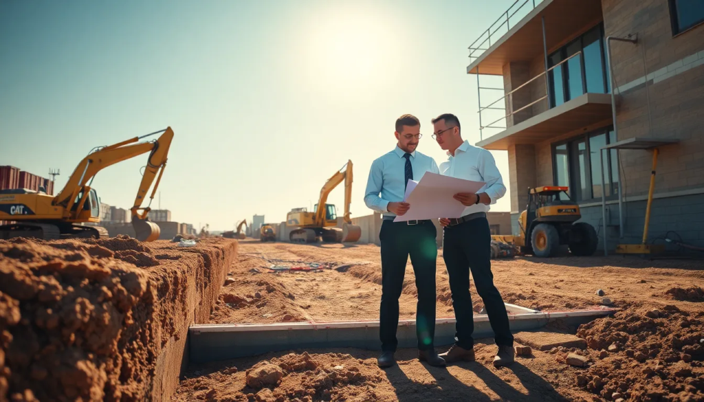 Professionnels supervisant l'installation de barrières physiques anti-termites sur un site de construction, avec des outils de chantier visibles.