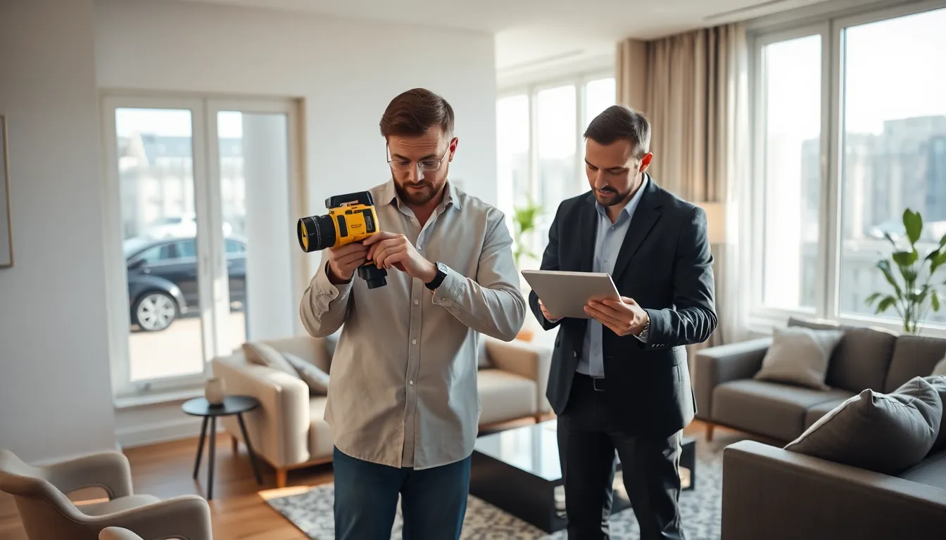 Deux experts effectuant un mesurage loi Carrez dans un appartement moderne, l'un utilisant un outil de mesure laser et l'autre prenant des notes sur une tablette.