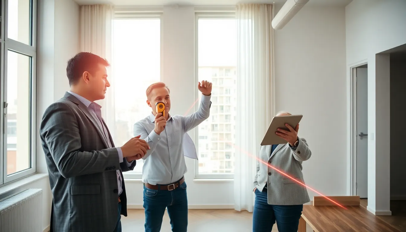 Équipe de professionnels effectuant un mesurage de surface d'un appartement selon la Loi Carrez, avec un mètre laser et une tablette dans un espace bien éclairé.
