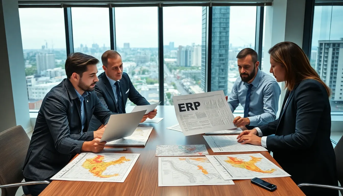 Cinq professionnels en réunion dans un bureau moderne, examinant des rapports d'évaluation des risques liés à l'État des Risques et Pollutions (ERP) pour 2025.