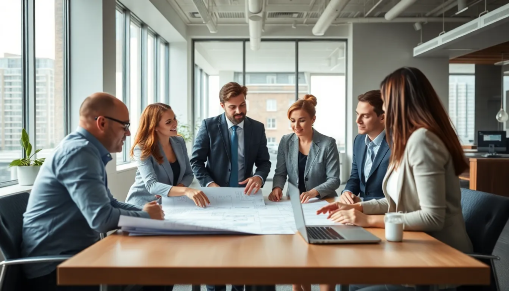 Un groupe de cinq professionnels de l'immobilier discutant des nouvelles normes de diagnostic de performance énergétique dans un bureau moderne, entouré de plans et d'un ordinateur portable affichant des données énergétiques.