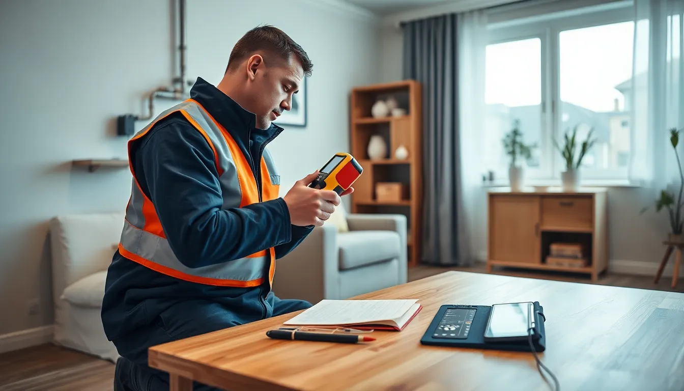 Un technicien en diagnostic gaz inspectant une installation de gaz dans un salon, utilisant des équipements de mesure spécialisés pour garantir la sécurité des installations.