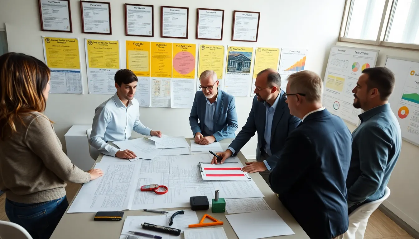 Un groupe de cinq professionnels lors d'un atelier sur les diagnostics immobiliers, avec des plans et outils de diagnostic étalés sur la table, dans un environnement collaboratif et éclairé.