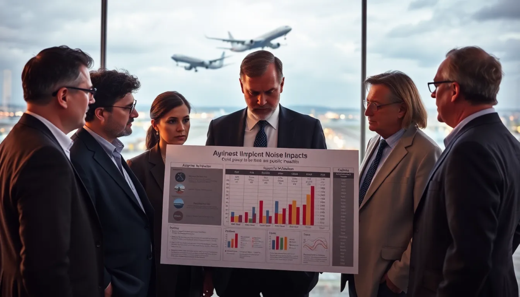 Cinq experts en environnement discutant des impacts du bruit aérien sur la santé publique, avec des graphiques sur les niveaux de bruit et des avions en arrière-plan.