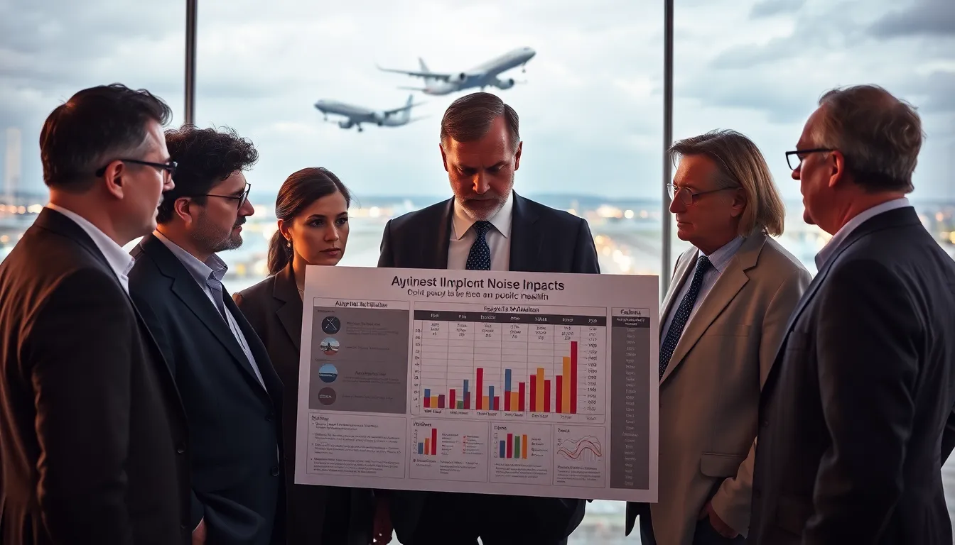 Cinq experts en environnement discutant des impacts du bruit aérien sur la santé publique, avec des graphiques sur les niveaux de bruit et des avions en arrière-plan.
