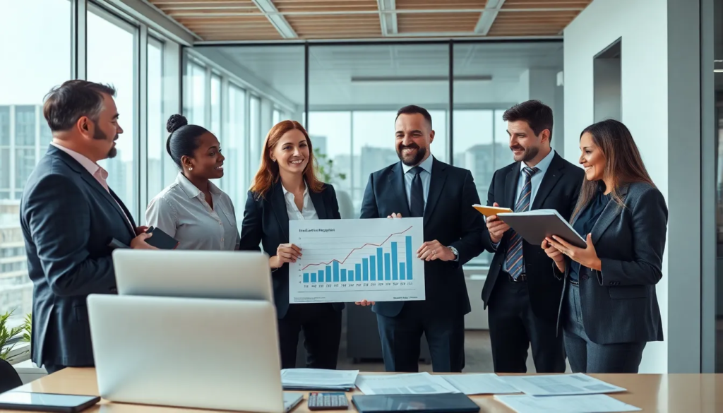 Groupe de cinq diagnostiqueurs immobiliers en réunion dans un bureau moderne, discutant des enjeux de la représentativité professionnelle avec des outils de diagnostic sur la table.