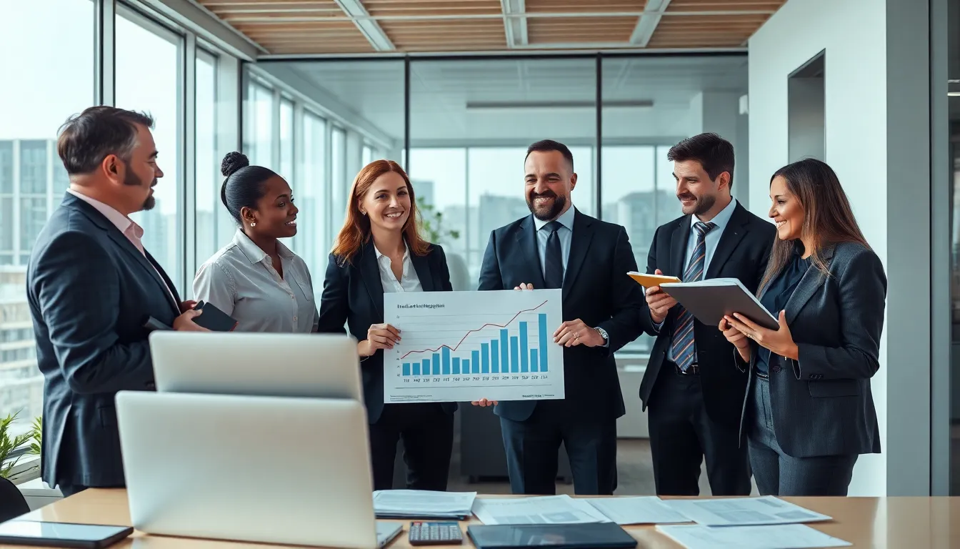 Groupe de cinq diagnostiqueurs immobiliers en réunion dans un bureau moderne, discutant des enjeux de la représentativité professionnelle avec des outils de diagnostic sur la table.