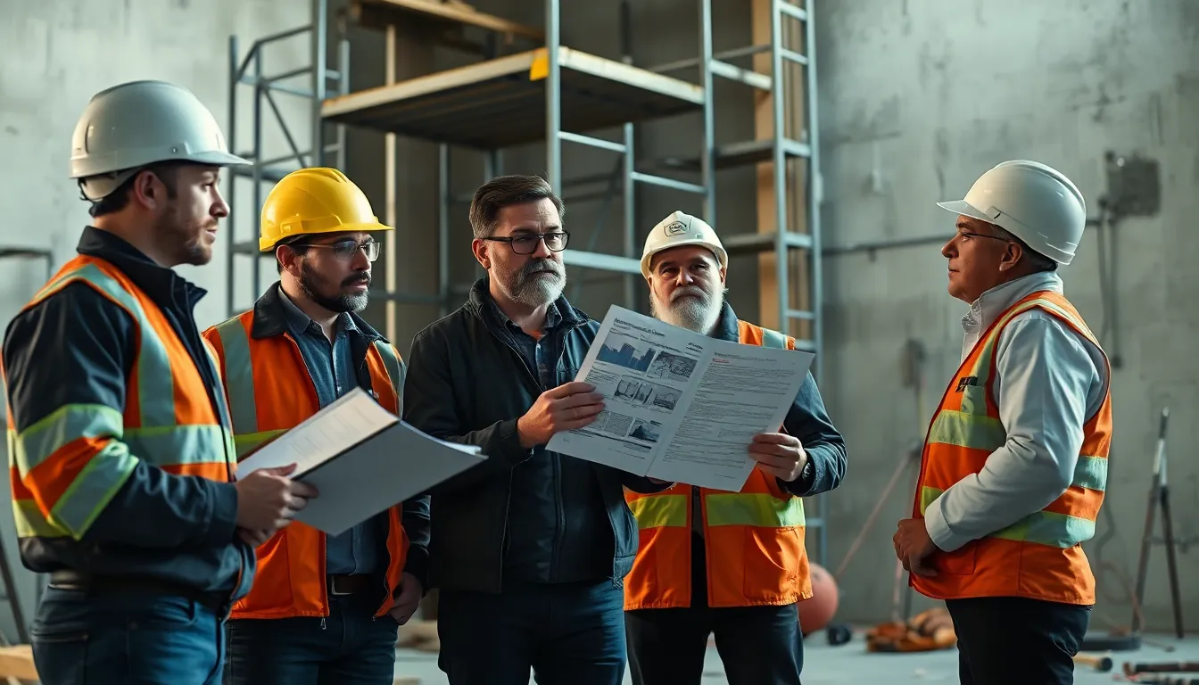 Cinq professionnels sur un chantier discutant des résultats d'un diagnostic amiante, dans un environnement sécurisé avec des outils et des équipements de protection.
